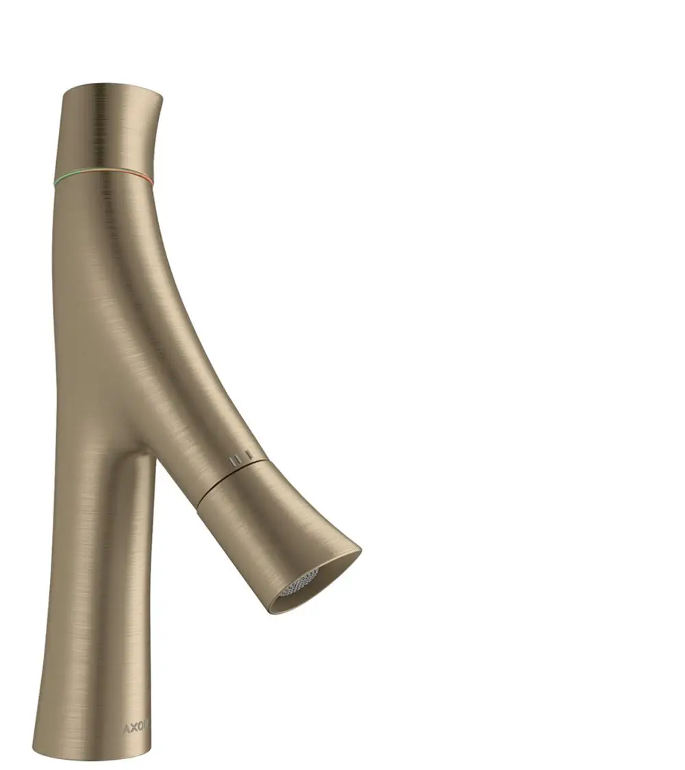 Waschtischmischer von AXOR mit einem innovativen, gebogenen Design in gebürstetem Nickel. Der Wasserhahn verfügt über integrierte Temperaturindikatoren.